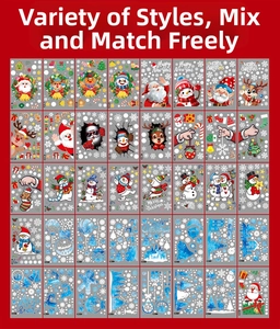 Vue détaillée des autocollants de Noël statiques avec motifs Père Noël, renne et flocon
