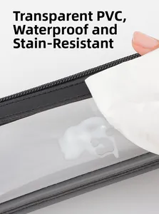 Close-up of waterproof transparent PVC makeup bag showing easy wipe cleaning surface