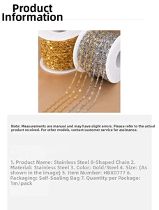 Detail of 8-shape figure-eight stainless steel chain in gold and silver finish links