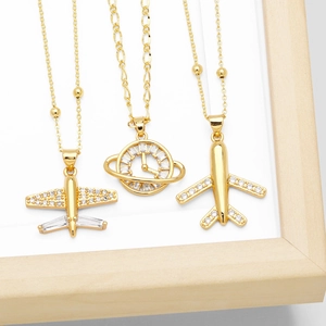 Airplane Planet Clock Pendant Necklace Copper 18K Gold Plated Cubic Zirconia Minimalist Clavicle Chain Jewelry For Women