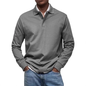 Classic men's charcoal grey long-sleeved polo shirt with buttoned lapel and ribbed cuffs
