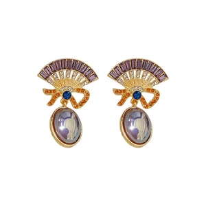 Vintage gold earrings with fan-shaped purple zircon and large oval pearl drops