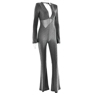 Detail of silver metallic deep V-neck jumpsuit featuring mesh waist and flared legs