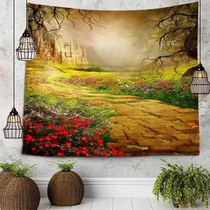 Nature forest path tapestry with sunset castle landscape for dorm wall decoration