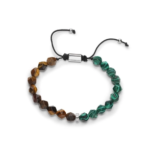 Bracelet ajustable en perles d'œil de tigre facetté et malachite avec cordon tressé