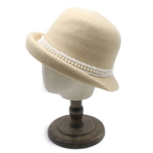 Women Cloche Hat Elegant Retro Knit Bucket Hat With Artificial Pearl Decor And Lace Trim Warm Breathable Solid Color