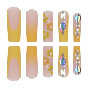 French gradient yellow flower press-on nails with rhinestones and matte finish