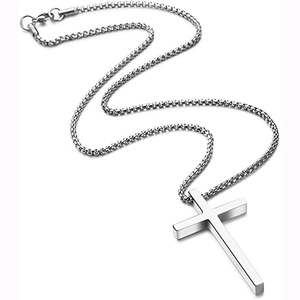 Polished silver stainless steel cross pendant with detailed woven link chain on white backdrop
