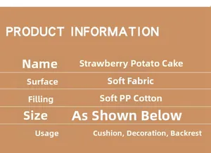 Detailed specs card for strawberry hashbrown plush toy made of soft fabric and PP cotton