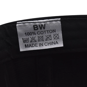 Detailed view of the 100% cotton washing label and brand tag inside the baseball cap