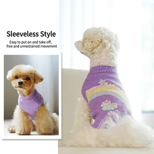 Purple knit pet sweater with rainbow unicorn patch for small dogs in a cozy home setting
