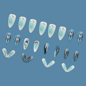 Blue ocean-style 24pcs press-on nails set with 3D crystals and glitter heart patterns