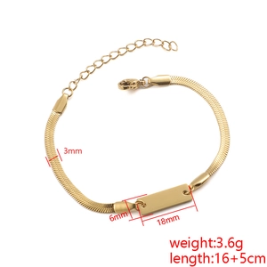 Gold stainless steel flat snake chain bracelet with custom engraved bar and size specs