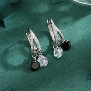 Fashion Copper Rhinestone Double Hoop Earrings Black Clear Pendant Silver Tone Geometric Dangle Earrings For Women Jewelry