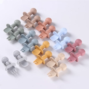 Silicone baby feeding spoons and forks set with wooden handles and safety guards
