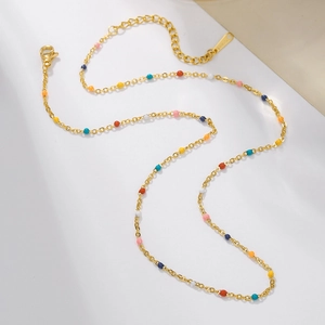 Bohemian gold stainless steel necklace with vibrant colorful beads and lobster clasp