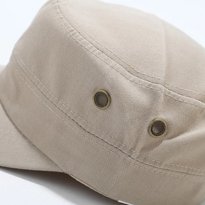 Khaki cotton cadet cap with breathable metal eyelets and double-stitched seam details
