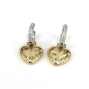 Chic heart drop earrings with gold textured charms and silver pave-set crystal hoops