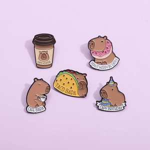5-piece set of cartoon capybara enamel pins featuring coffee, donut, and taco designs