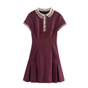 Robe Mini Plissée À Col Polo Manches Courtes Pour Femmes Style Preppy Bourgogne Polyester Couleur Unie