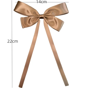Brown satin bow hair clip with long ribbons, 14cm wide by 22cm long, elegant hair accessory