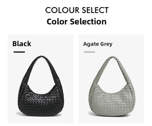 Detail view of woven leather hobo bags in black and agate grey with braided handles