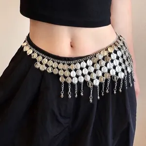 Bohemian silver coin waist chain with layered tassels and metal bells for women