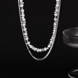 Double Layer Necklace Stainless Steel Faux Artificial Pearl Hematite Beads Flat Snake Chain Vintage Fashion For Women