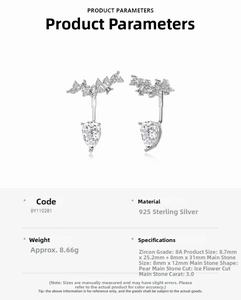 Macro detail of S925 silver earrings featuring 3ct pear cut ice flower zircon stones