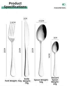 Size chart showing dimensions and weight of stainless steel fork, knife, and spoons