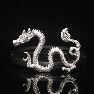 Macro shot of silver dragon-shaped alloy jewelry accessory with intricate scale textures