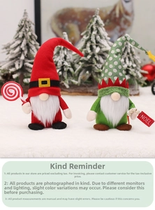 Close-up of Christmas gnomes plush set with Noel sign and candy cane decorations