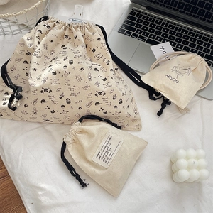 Three-piece set of cartoon cat print cotton drawstring storage bags for travel