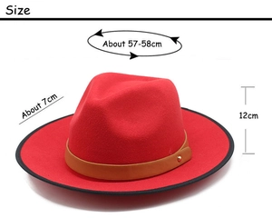 Guide des tailles détaillé pour chapeau fedora en laine rouge avec ceinture en cuir