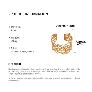 Technical dimensions of a gold-tone branch texture open cuff bracelet made of iron
