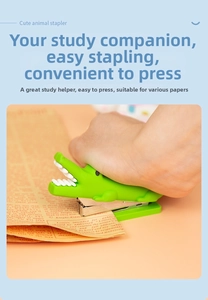 Close-up of green crocodile cartoon mini stapler showing matte texture and metal core