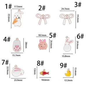 Enamel alloy charms set featuring rabbits and bows with size details for DIY jewelry