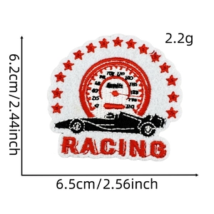 Detailed racing embroidery patch showing car dashboard and red star patterns