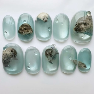 Cute Seal Summer Ocean ABS Plastic Press On Nails 3D Water Drop Light Blue Cat Eye Effect Oval Detachable Fake Nails