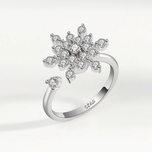 Sparkling S925 sterling silver snowflake spinner ring with adjustable open band for women