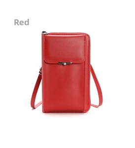 Macro detail of red crossbody phone bag with premium leather texture and U-zipper