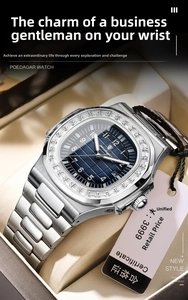 Macro view of luxury men's steel watch with blue square grid dial and zircon bezel