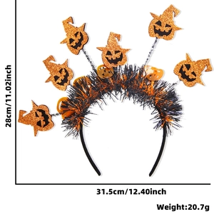 Detailed Halloween headband dimensions 31.5x28cm featuring black and orange tinsel décor