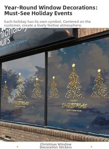 Macro shot of golden Christmas tree window stickers with festive holiday greetings
