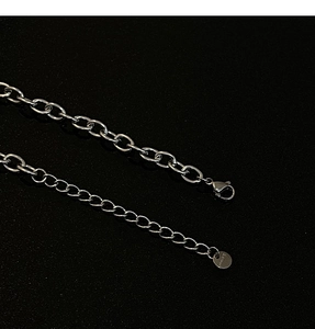 Macro shot of stainless steel chain with lobster clasp and S.Steel engraved tag