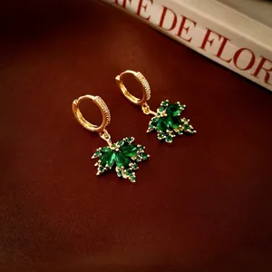 Maple Leaf Huggie Earrings Gold Plated Copper With Green Cubic Zirconia And Silver Earring Post Vintage Jewelry For Women