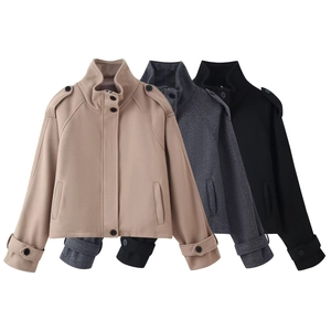 Women's short casual stand collar jacket available in beige, dark grey, and black wool blend