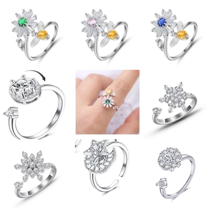 Rotating Copper Anxiety Ring Rhinestone Flower Bee Snowflake Star Moon Adjustable Open Spinning Stress Relief Ring Women