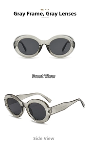 Detailansicht der ovalen Retro-Sonnenbrille mit grauem Rahmen und grauen Gläsern