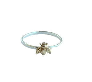 Two-tone silver and gold bee ring featuring a detailed honeybee on a slim metal band